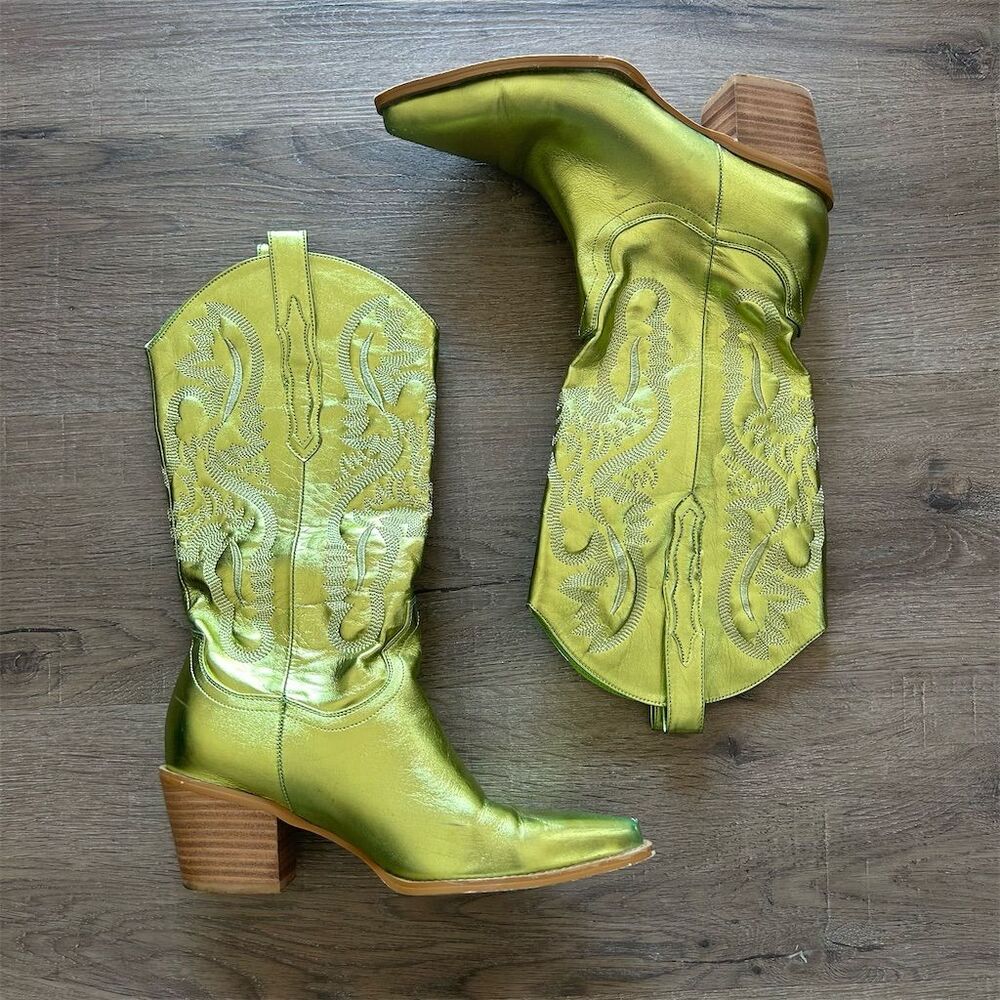 Private Label Metallic Green Heeled Boots